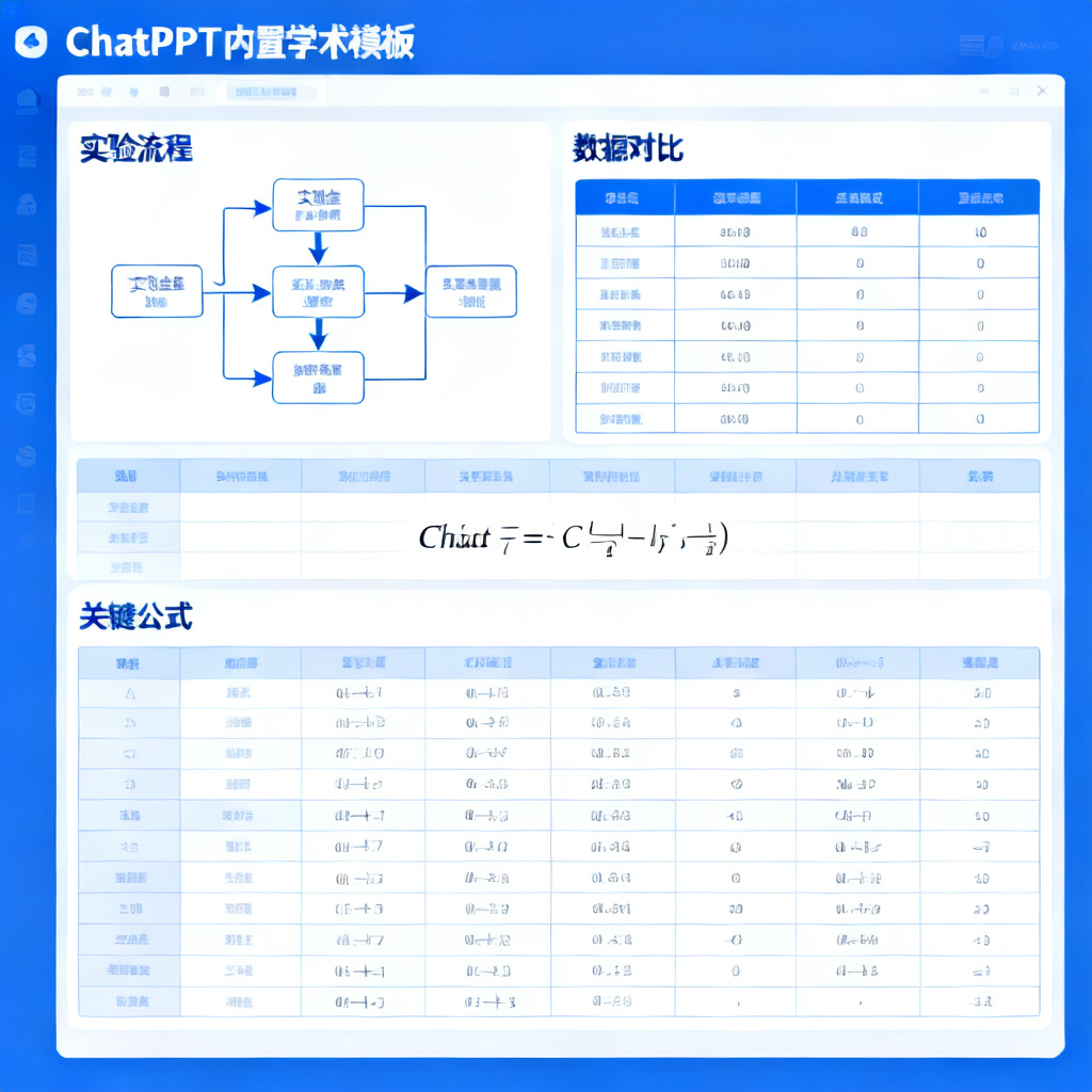 一张展示ChatPPT内置学术模板的截图，包含实验流程图、数据对比表和数学公式，风格严谨简洁