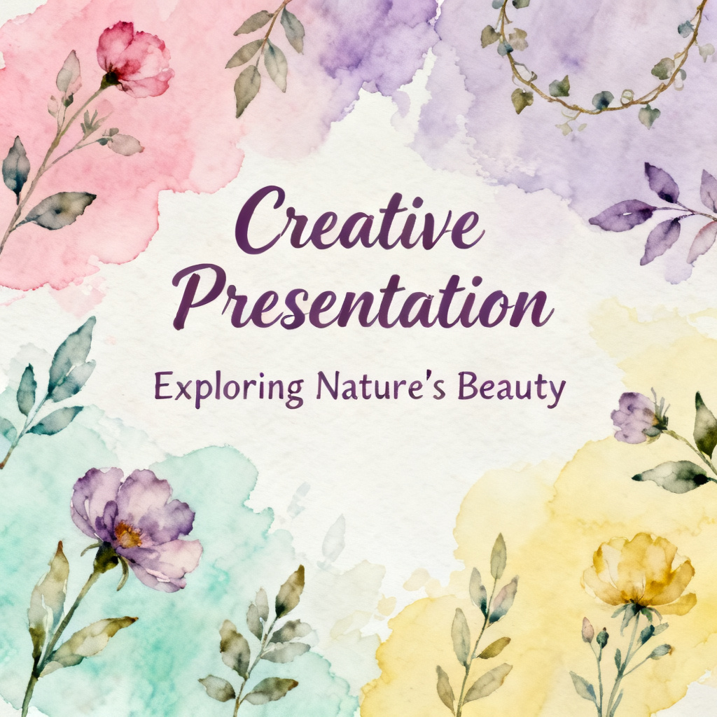 A slide with a watercolor art style, featuring soft pastel colors and hand-drawn botanical illustrations, representing a creative presentation theme