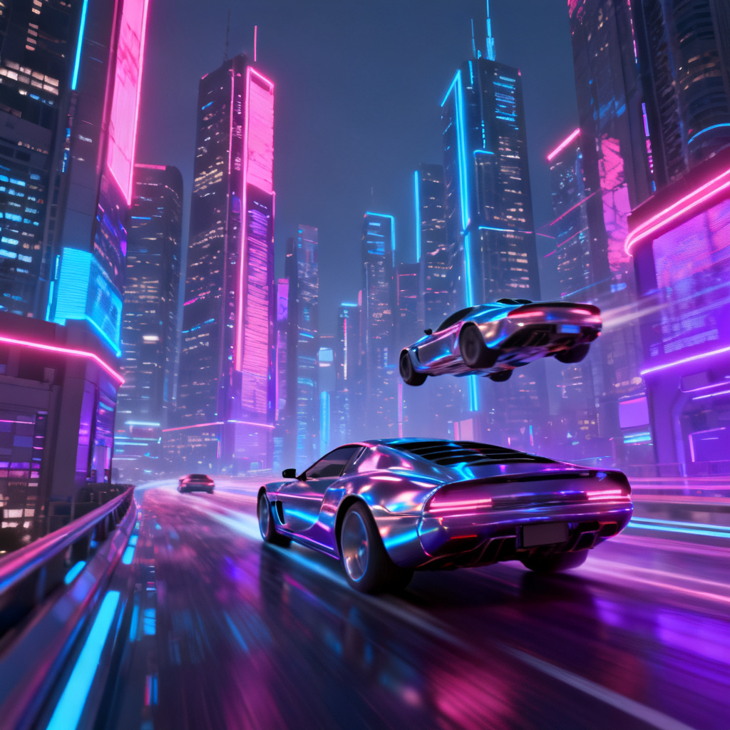 A futuristic cyberpunk cityscape with neon lights and flying cars, rendered in a realistic 3D style, serving as the background for a business presentation slide