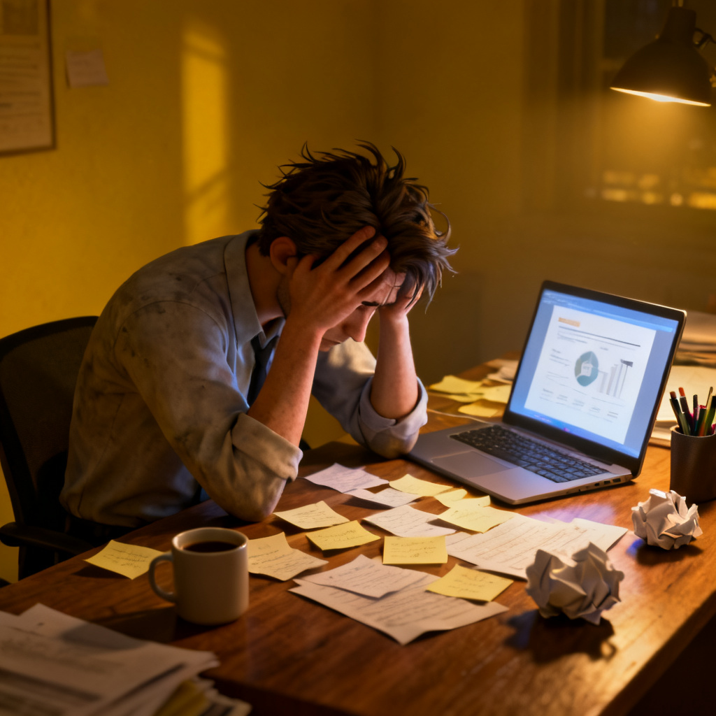 A 3D rendered image showing a stressed business person sitting at a cluttered desk late at night, surrounded by scattered paper notes and a laptop displaying a static PPT slide, symbolizing the traditional, inefficient workflow of preparing for a presentation.