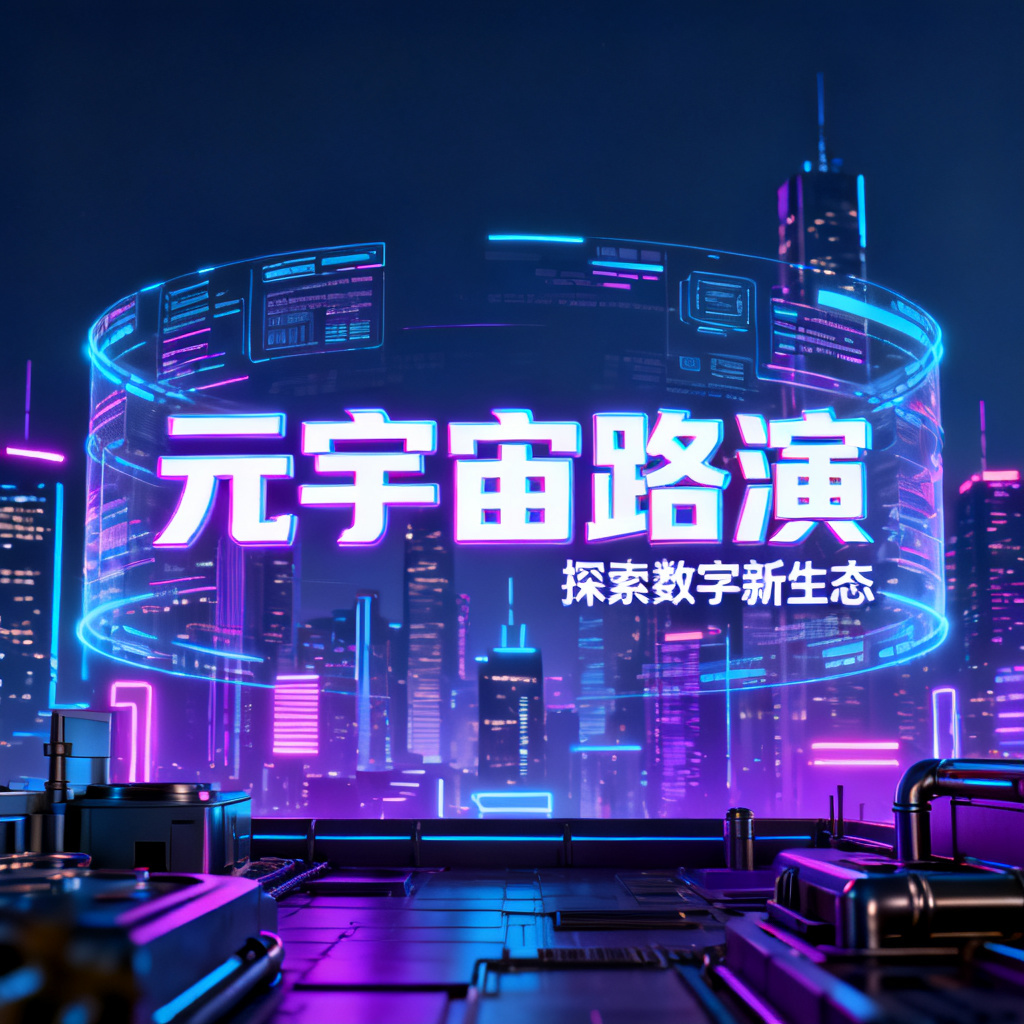 赛博朋克风格元宇宙路演PPT封面，霓虹灯城市天际线，全息投影数据流，3D渲染，高细节，电影级光照