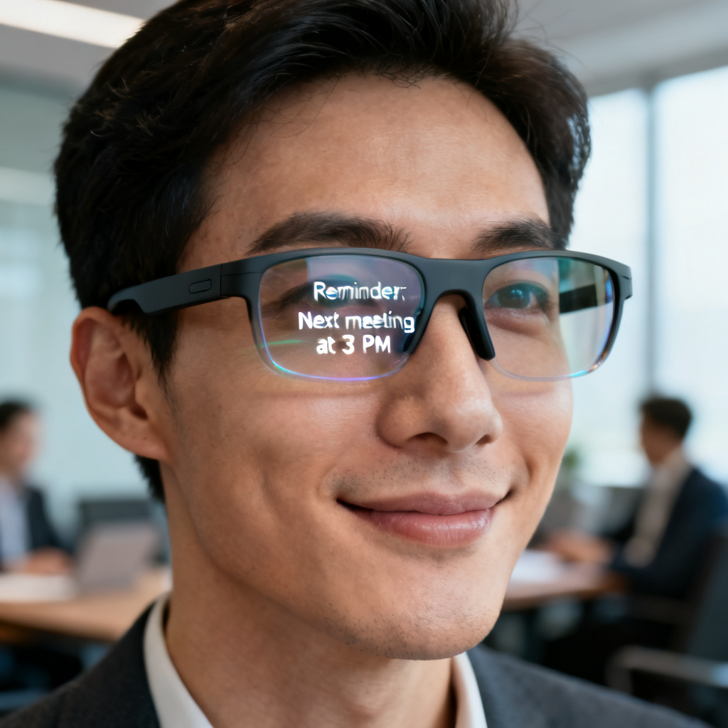 A close-up shot of a person wearing smart glasses (like Rokid or Thunderbird). On the lens of the glasses, a semi-transparent text is visible, appearing as a teleprompter. The person is looking ahead, smiling slightly. The background is blurred, suggesting an office or meeting room.