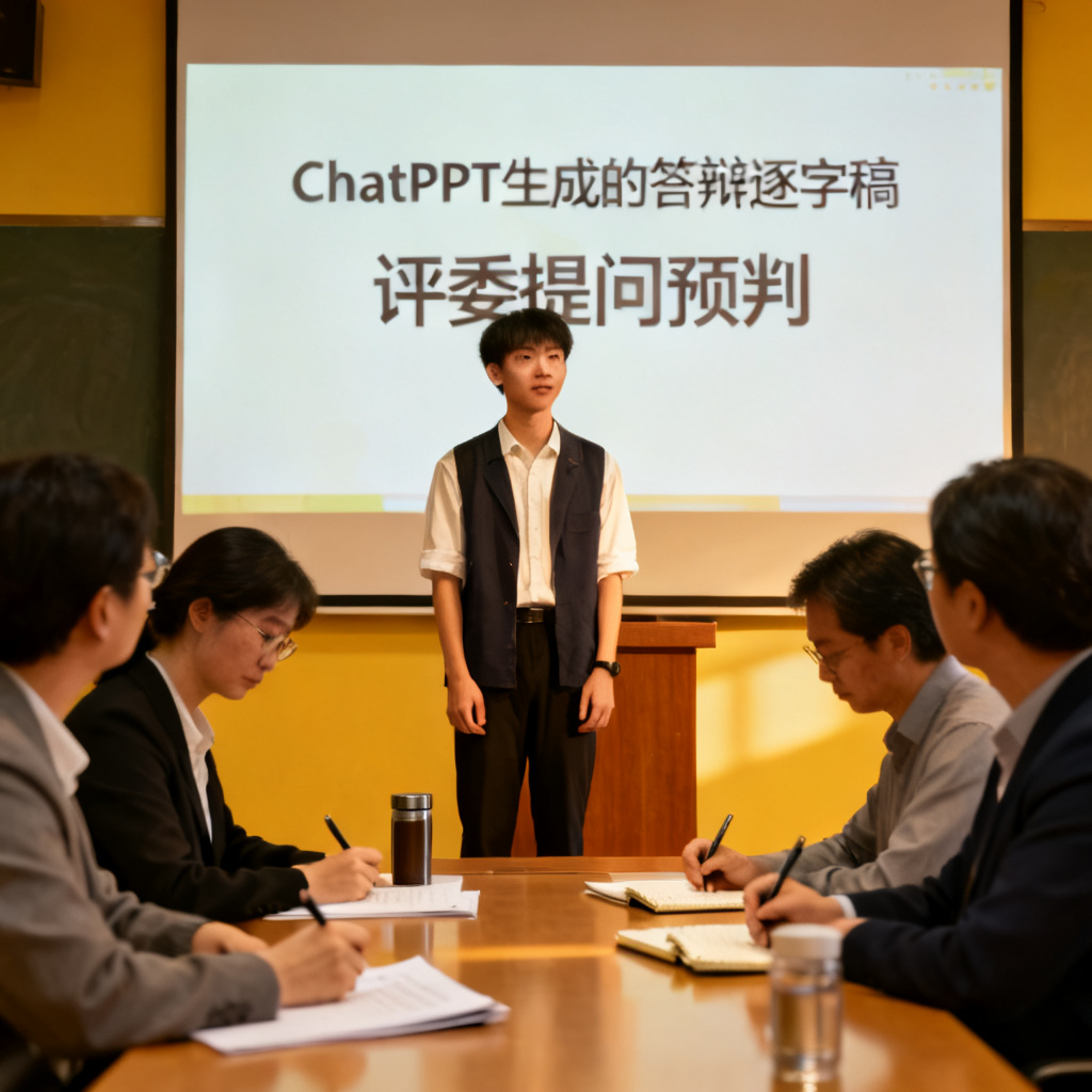 一位学生自信地站在答辩台上，身后大屏幕显示ChatPPT生成的答辩逐字稿和评委提问预判，台下评委认真记录