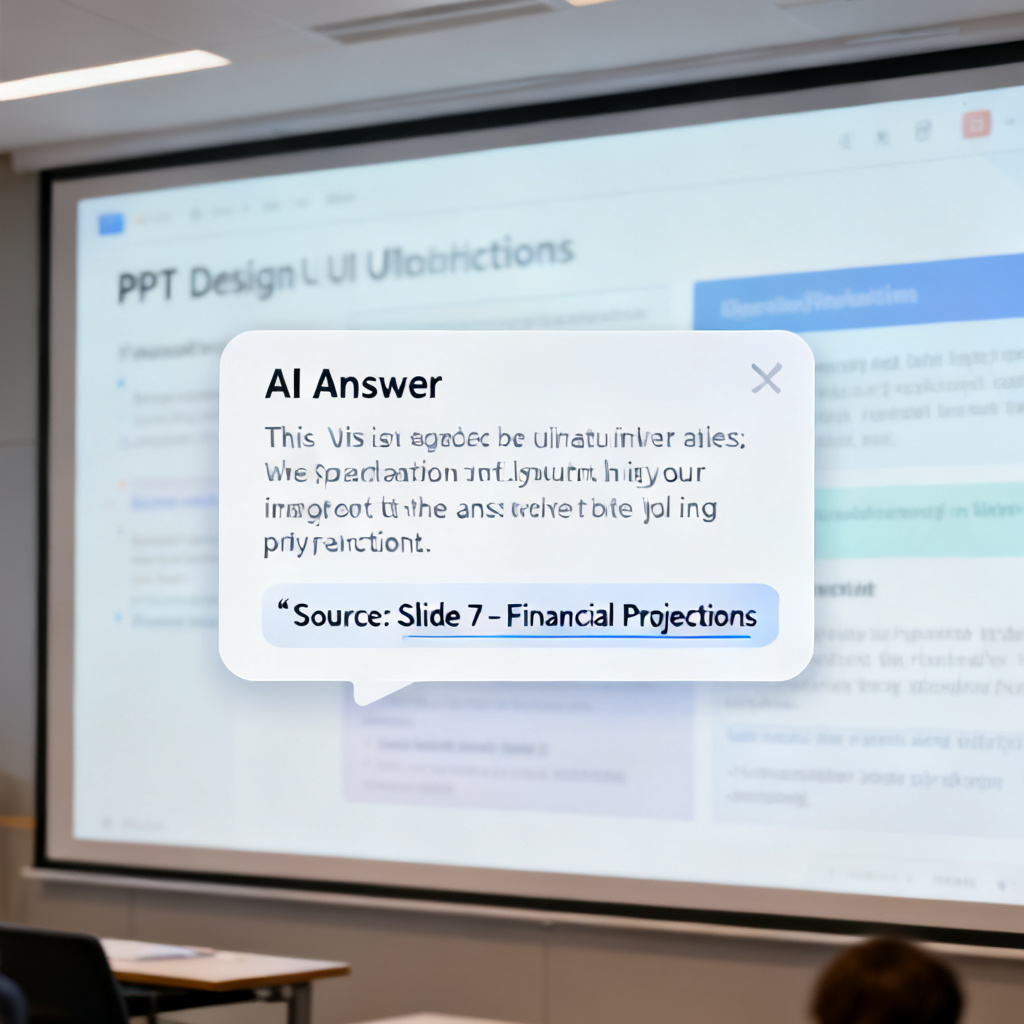 A user interface mockup showing an AI chat window overlaid on a PPT slide, with the AI's answer displayed along with a highlighted citation pointing to a specific slide number, such as 'Source: Slide 7 - Financial Projections'.