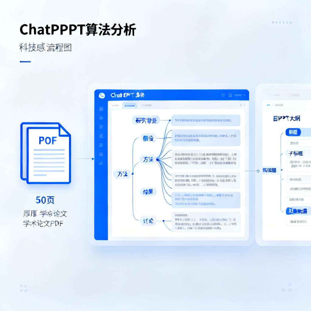 一张展示ChatPPT处理长篇论文逻辑的流程图。左侧是一篇厚度为50页的学术论文PDF，中间是ChatPPT的算法分析界面，显示文本被分解为研究背景、假设、方法、结果、讨论等模块并建立逻辑关联，右侧自动生成一份包含标题、子标题和关键数据的PPT大纲。整体风格简洁、科技感强，以蓝白为主色调。