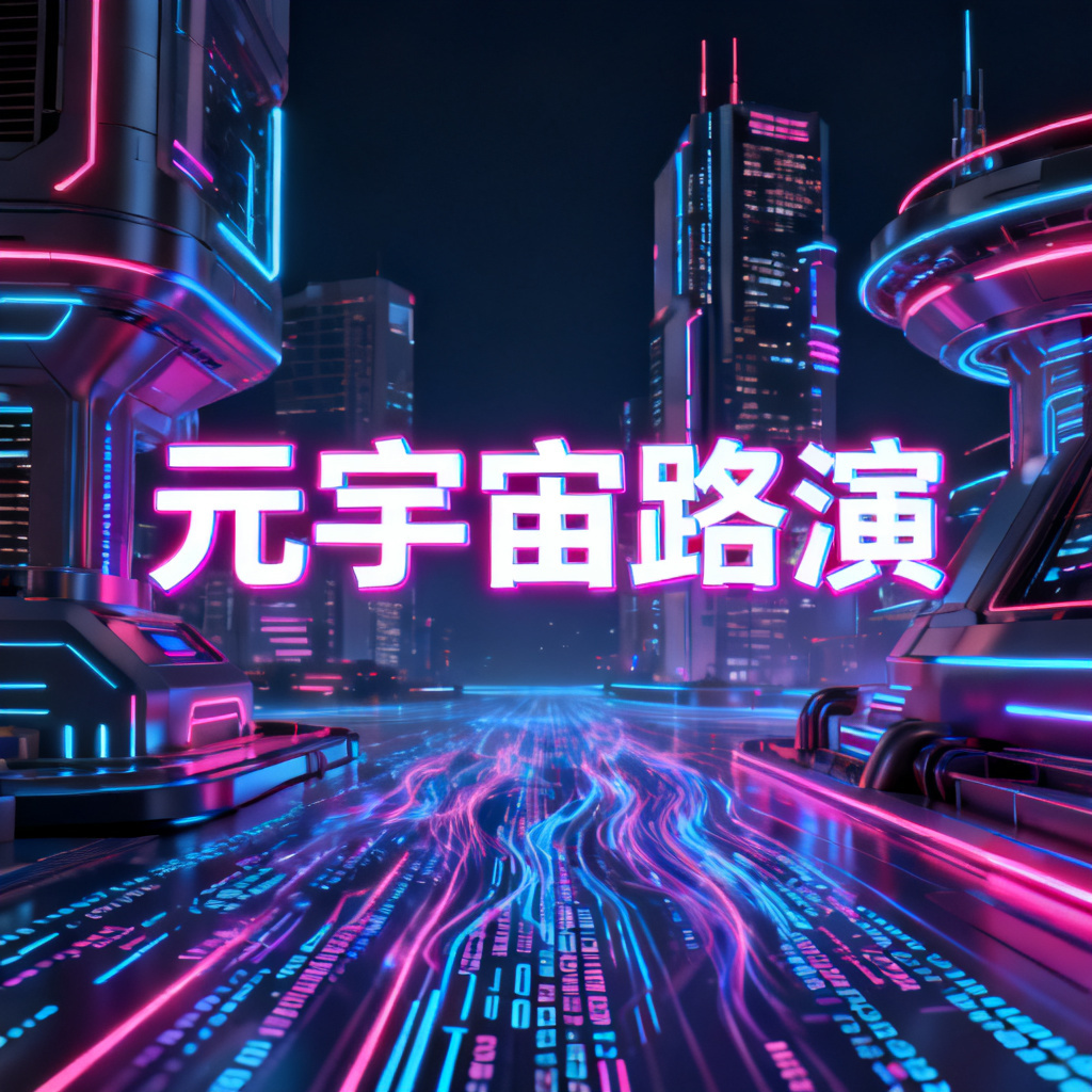 赛博朋克风格元宇宙路演PPT，霓虹色调，未来感建筑，3D渲染，数字代码流动