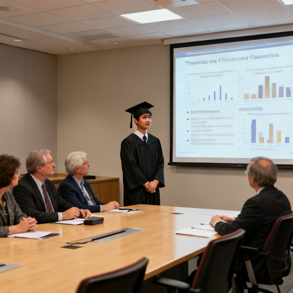 A graduate student standing confidently in front of a projection screen during a thesis defense, with a panel of professors listening attentively. The screen shows a well-organized slide with data charts and bullet points. The atmosphere is professional and focused, with natural lighting and a modern conference room setting.