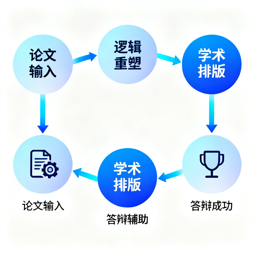 流程图：从“论文输入”到“逻辑重塑”到“学术排版”到“答辩辅助”再到“答辩成功”的闭环，每个节点有图标，风格简约，使用渐变蓝色