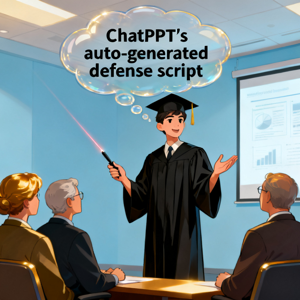 A mock-up of a PhD student confidently presenting in front of a panel, with a thought bubble showing ChatPPT's auto-generated defense script