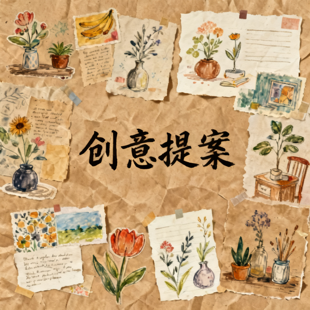 牛皮纸贴画风格的PPT页面，手绘感强烈的元素拼贴在一起，色彩温暖复古，版式自由灵动，适合创意提案或艺术类演示