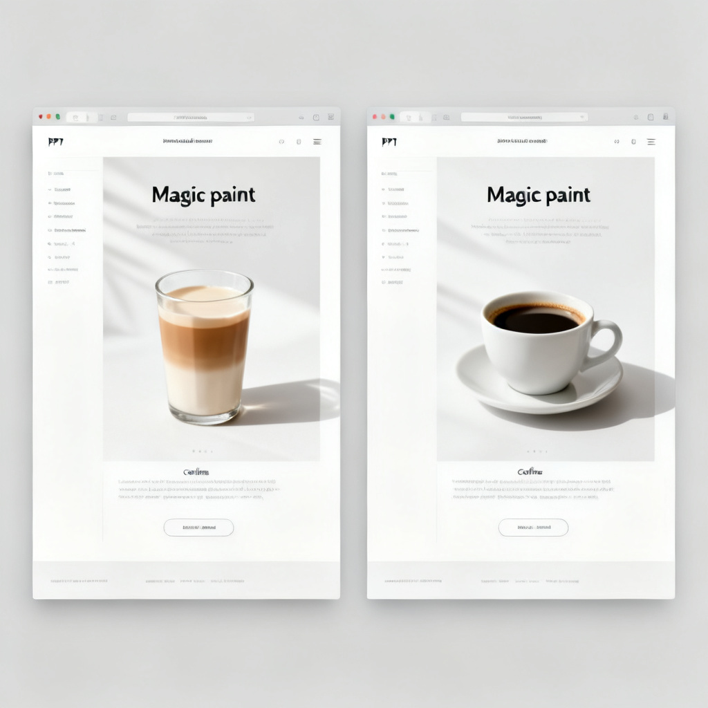 A side-by-side comparison of two PPT slides. The left slide shows a product page with a glass of milk tea. The right slide shows the same page with the milk tea replaced by a cup of coffee, with identical lighting, shadows, and overall aesthetic style, demonstrating the Magic paint feature.