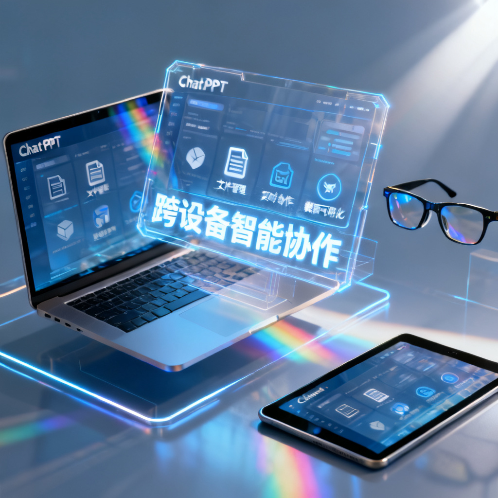 一张具有未来感的办公场景图，显示ChatPPT的界面悬浮在智能设备上，包括笔记本电脑、智能眼镜和平板电脑，体现其跨设备智能化。