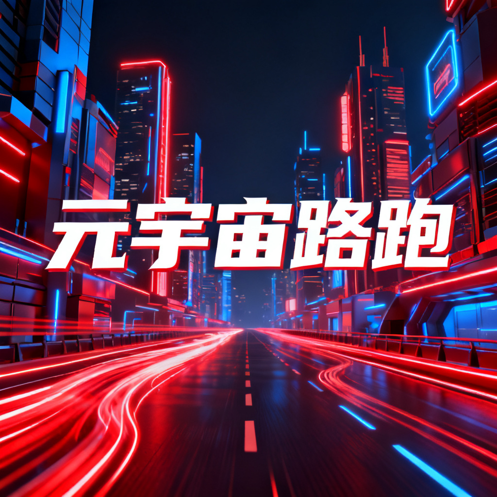 赛博朋克风格的元宇宙路跑PPT封面,霓虹灯光,未来城市,3D渲染,高对比度,动态光效