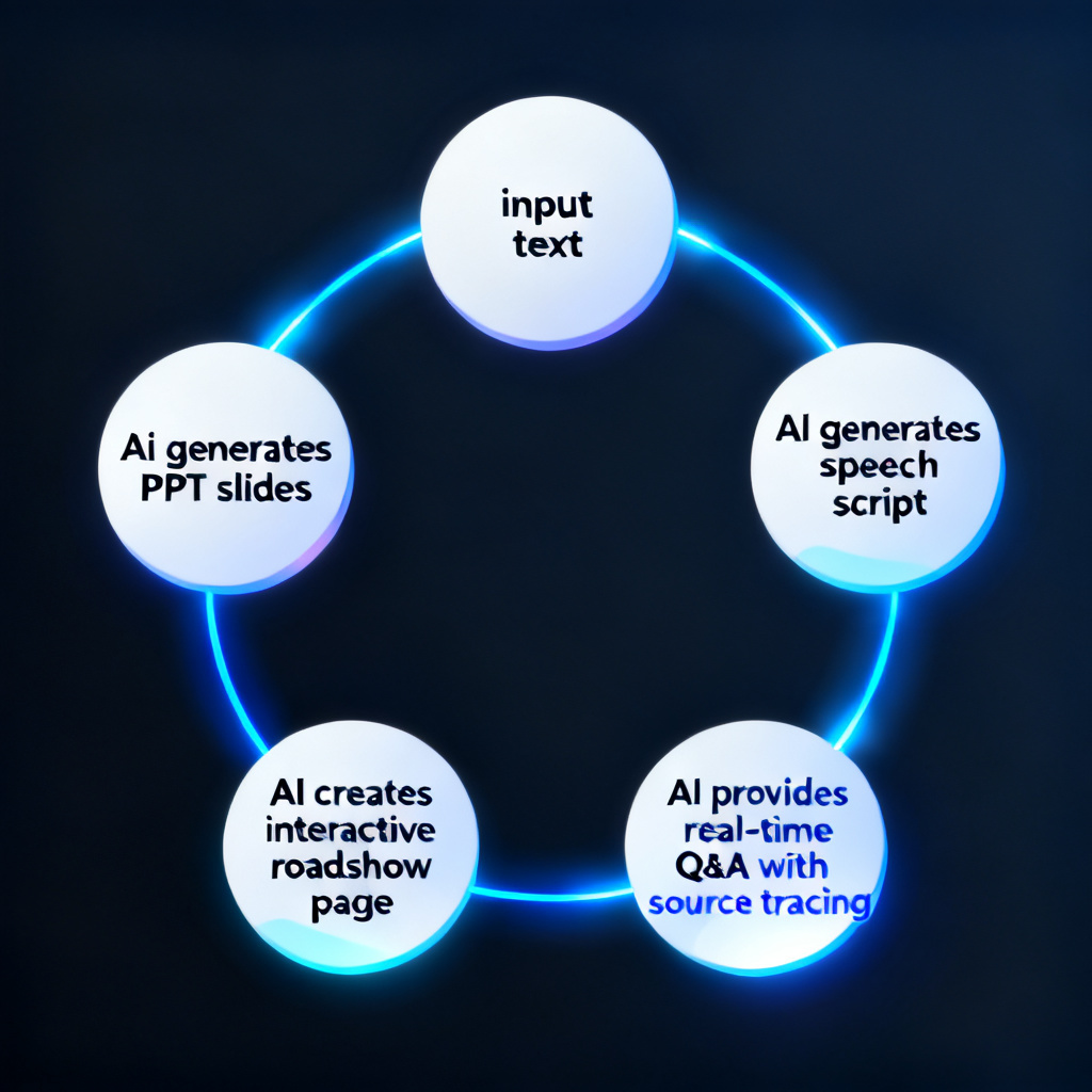 A conceptual illustration showing a circular workflow: input text → AI generates PPT slides → AI generates speech script → AI creates interactive roadshow page → AI provides real-time Q&A with source tracing. All steps connected by glowing lines.