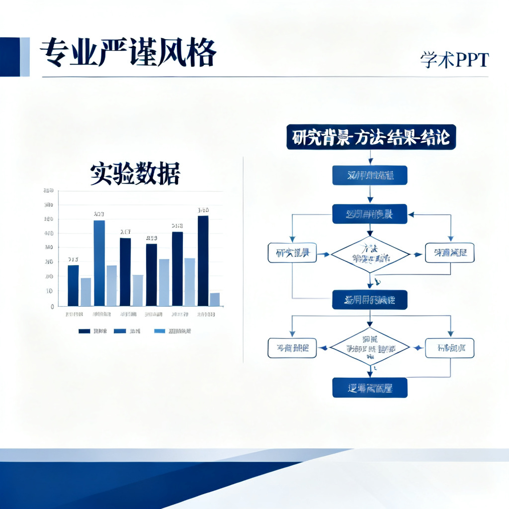 一个整洁的学术PPT幻灯片，左侧是实验数据柱状图，右侧是清晰的逻辑流程图，标注“研究背景-方法-结果-结论”，风格专业严谨