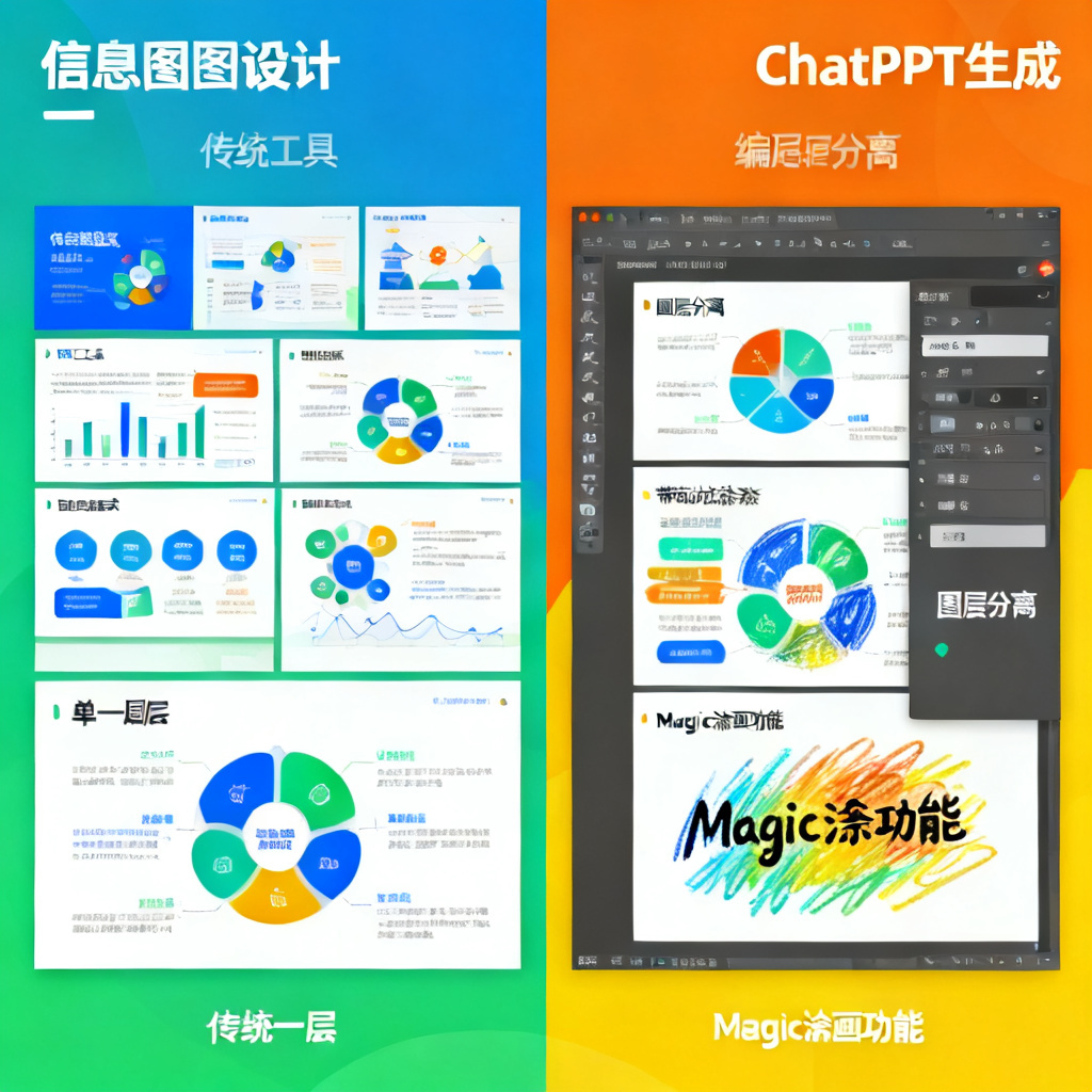 一张对比图:左侧为传统工具生成的静态模板,右侧为ChatPPT生成的可编辑创意画布,展示图层分离和Magic涂画功能