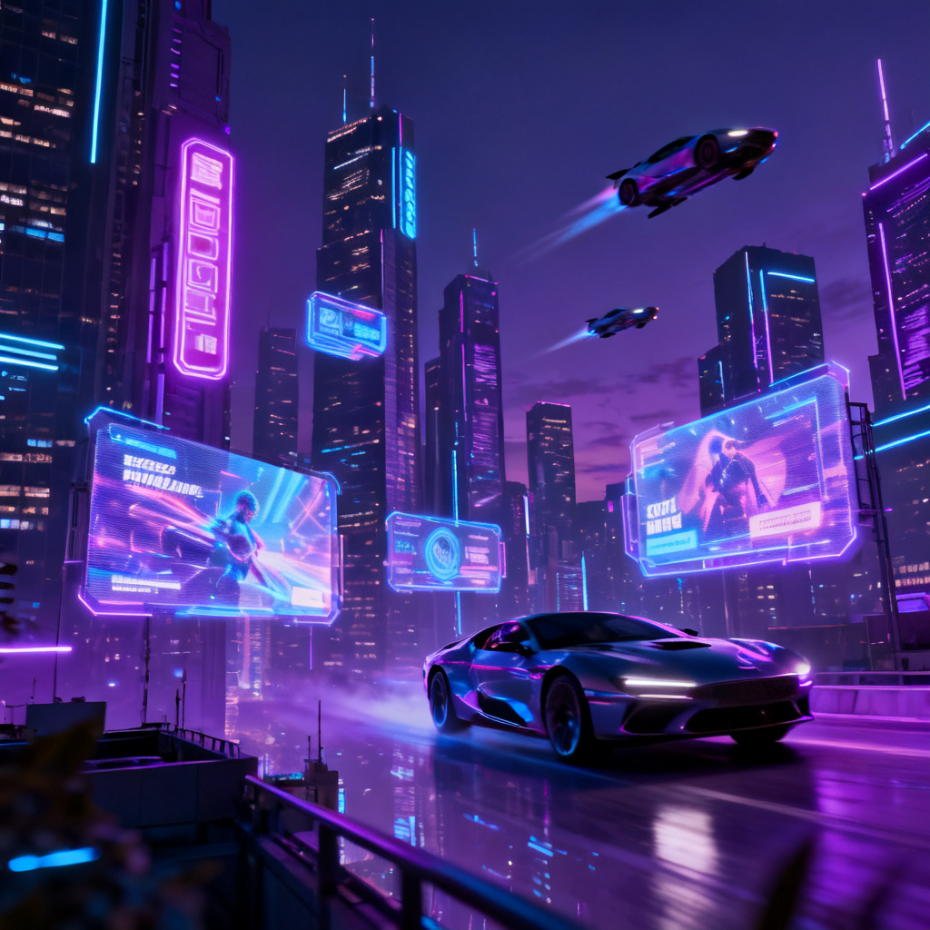 A futuristic cyberpunk cityscape with neon lights, holographic billboards, and flying cars, rendered in a cinematic style with deep purple and blue tones, suitable for a tech startup pitch deck