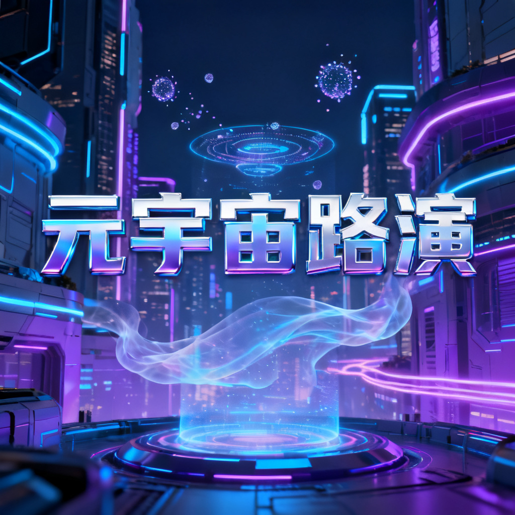 赛博朋克风格元宇宙路演PPT封面,霓虹灯光,未来城市,全息投影,蓝色与紫色渐变,科技感字体