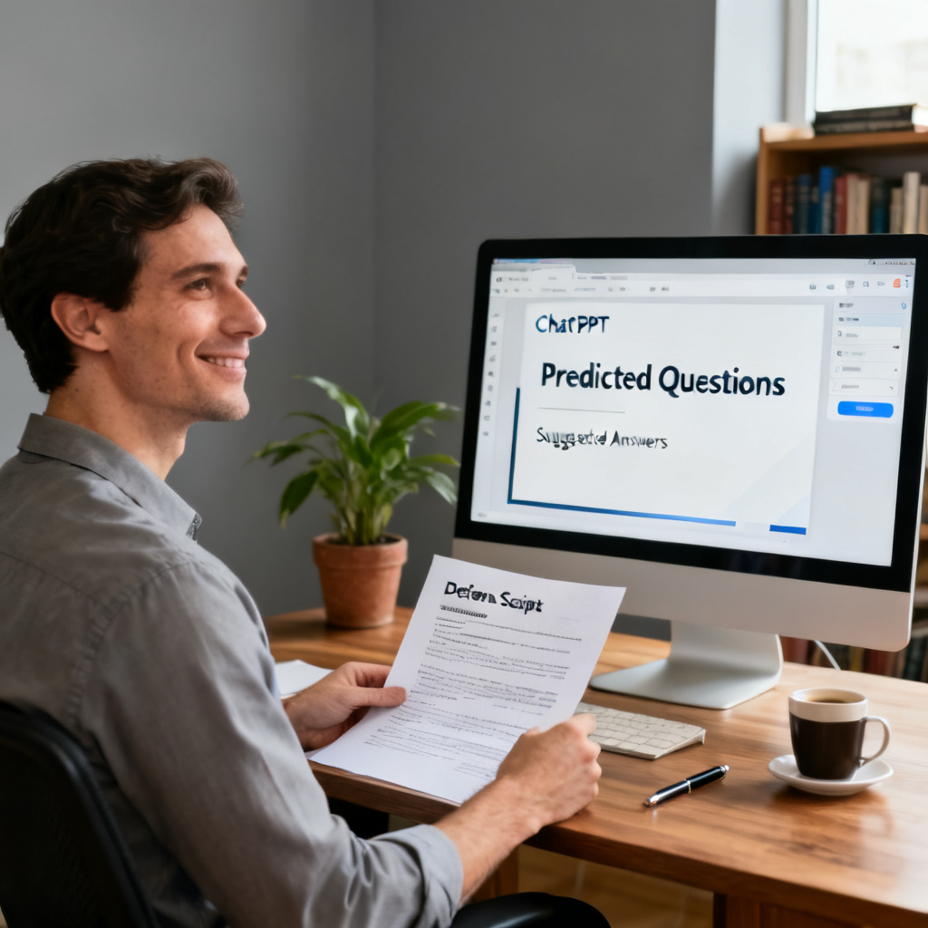 A researcher sitting at a desk, looking confident while reviewing a printed ChatPPT-generated defense script. On the screen, the ChatPPT interface shows a slide with a list of predicted questions and suggested answers. The room is well-lit, with a calm and professional atmosphere.