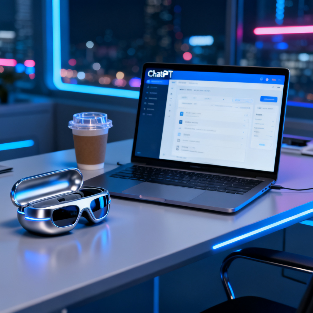 A futuristic office desk with a laptop displaying ChatPPT interface, a smart glasses case, and a coffee cup. The background shows a blurred cityscape at night. The overall vibe is innovative and efficient.