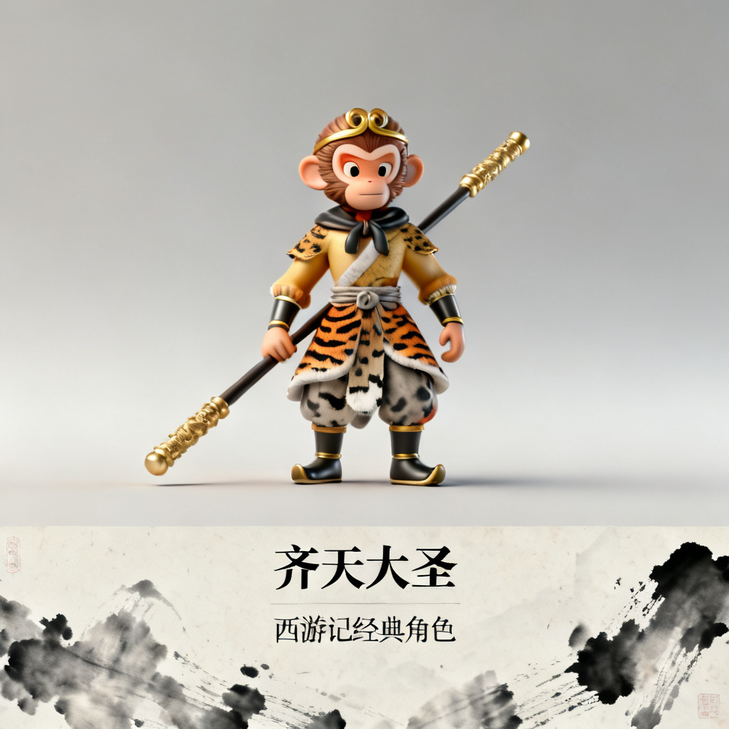 3D西游记风PPT内页,孙悟空形象,水墨纹理,文字与图形分离可编辑