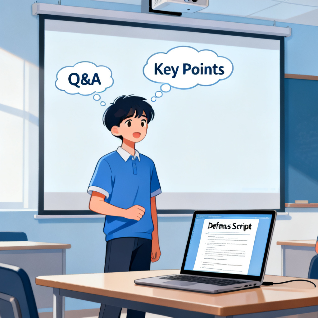 A student standing confidently in front of a projector screen, with thought bubbles showing 'Q&A' and 'Key Points', while a laptop shows a 'Defense Script' document.
