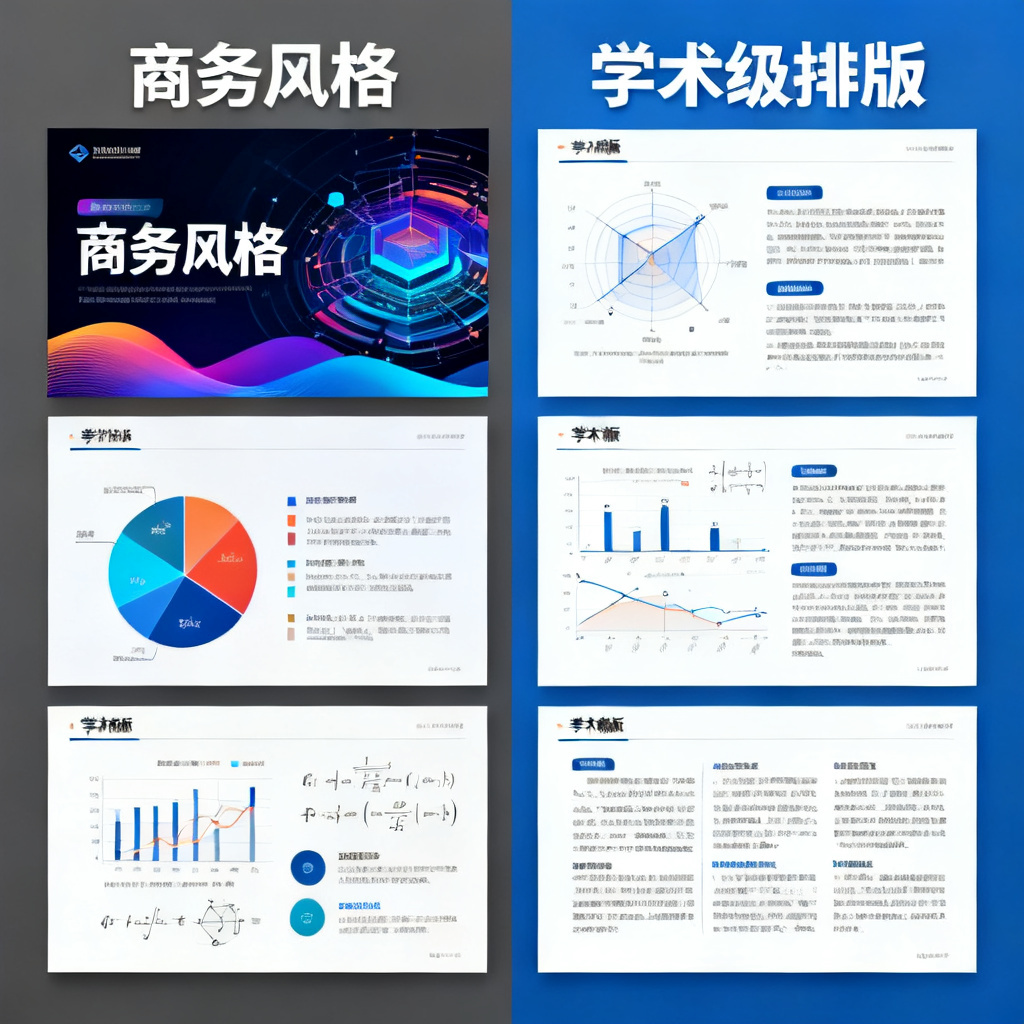 对比图：左半部分展示一个花哨的商务风格PPT模板，右半部分展示一个简洁严谨的学术风格PPT模板，包含图表和公式，标注“学术级排版”，风格写实，清晰对比