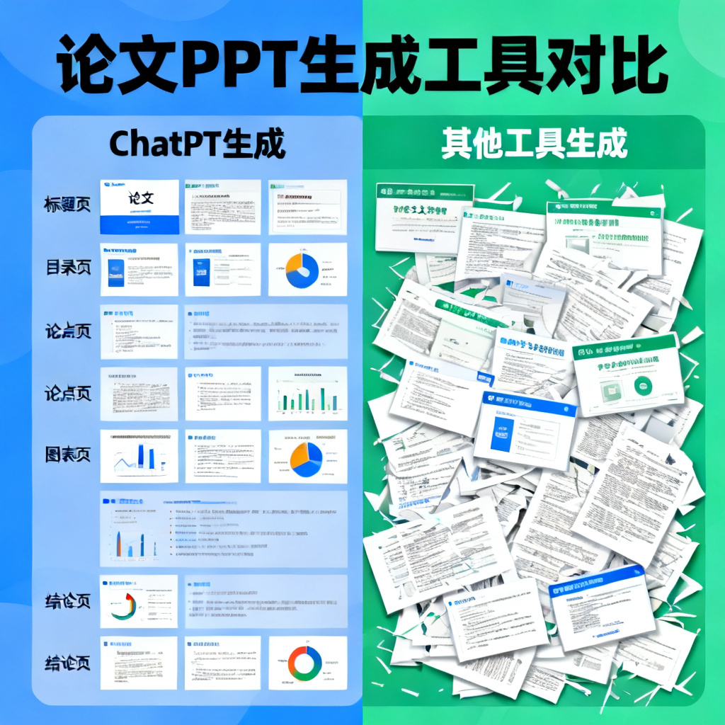 左右对比图,左侧是ChatPPT生成的论文PPT逻辑清晰,右侧是其他工具生成的逻辑混乱,风格信息图