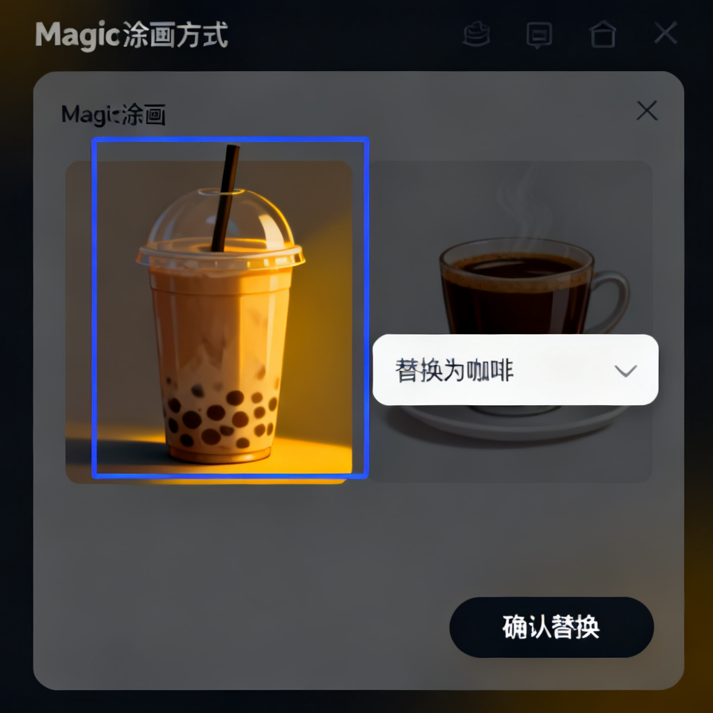 Magic涂画模式界面示意图,用户框选页面中的奶茶区域,输入指令后自动替换为咖啡,保持原有光影与风格一致