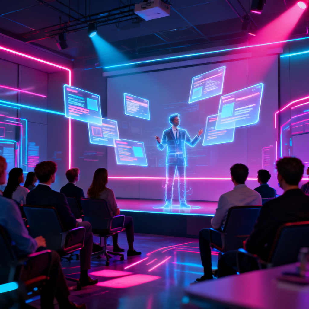 A futuristic conference room where a holographic digital presenter is giving a presentation to an audience, with slides floating in the air, cyberpunk aesthetic, neon lights