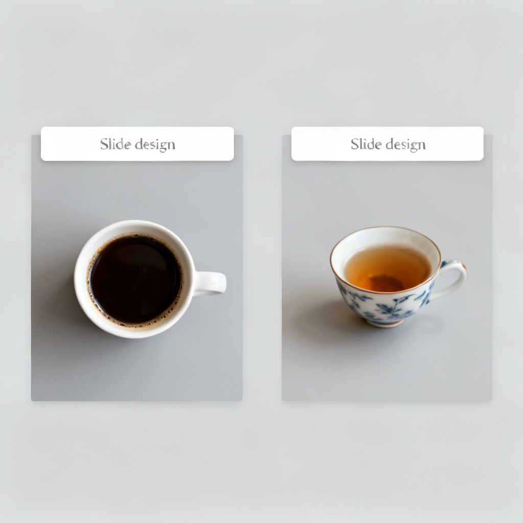 A before-and-after comparison of a presentation slide, showing the original with a coffee cup and the edited version with a tea cup seamlessly integrated