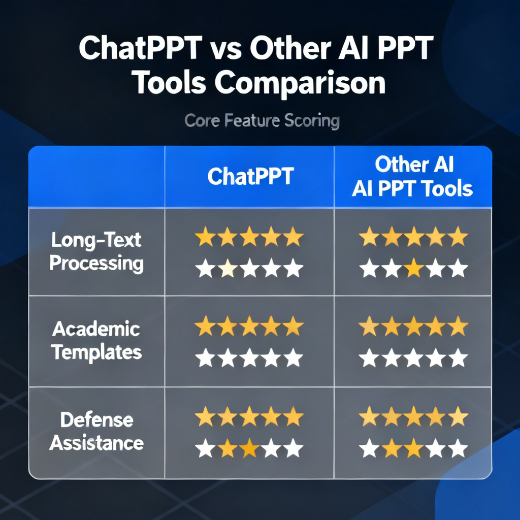 A comparison chart showing ChatPPT vs other AI PPT tools, with ChatPPT scoring highest in long-text processing, academic templates, and defense assistance