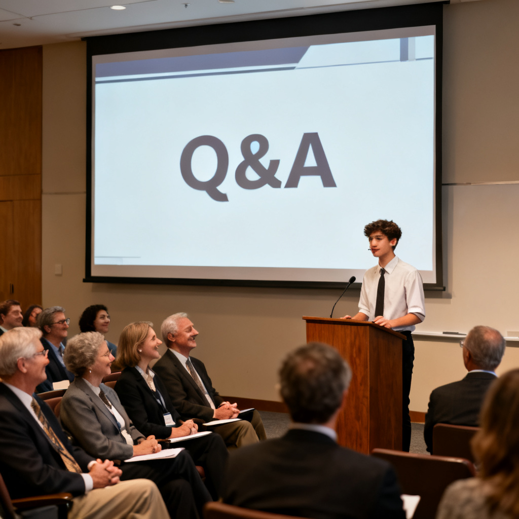 A confident student standing at a podium, presenting a PowerPoint slide. Behind them, a large screen shows a slide with a 'Q&A' section. The audience consists of professors and judges, looking attentive and nodding.