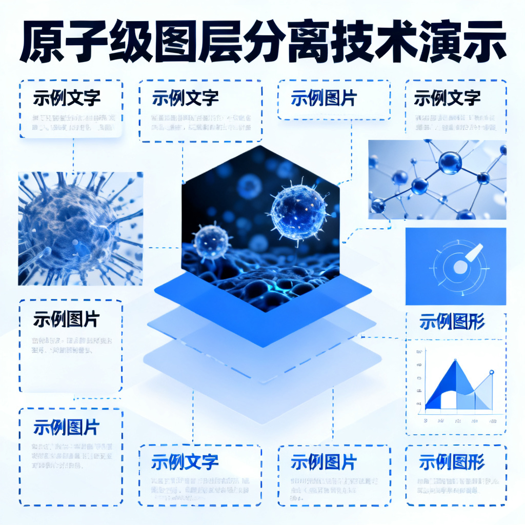 原子级图层分离技术演示，文字、图片、图形被拆解为独立可编辑图层