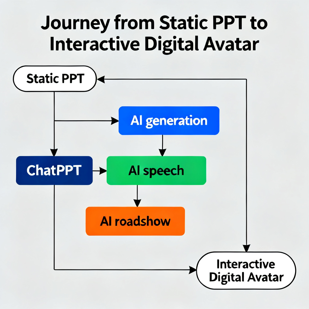 A flowchart showing the journey from 'Static PPT' to 'Interactive Digital Avatar' with ChatPPT's modules (AI generation, AI speech, AI roadshow) highlighted