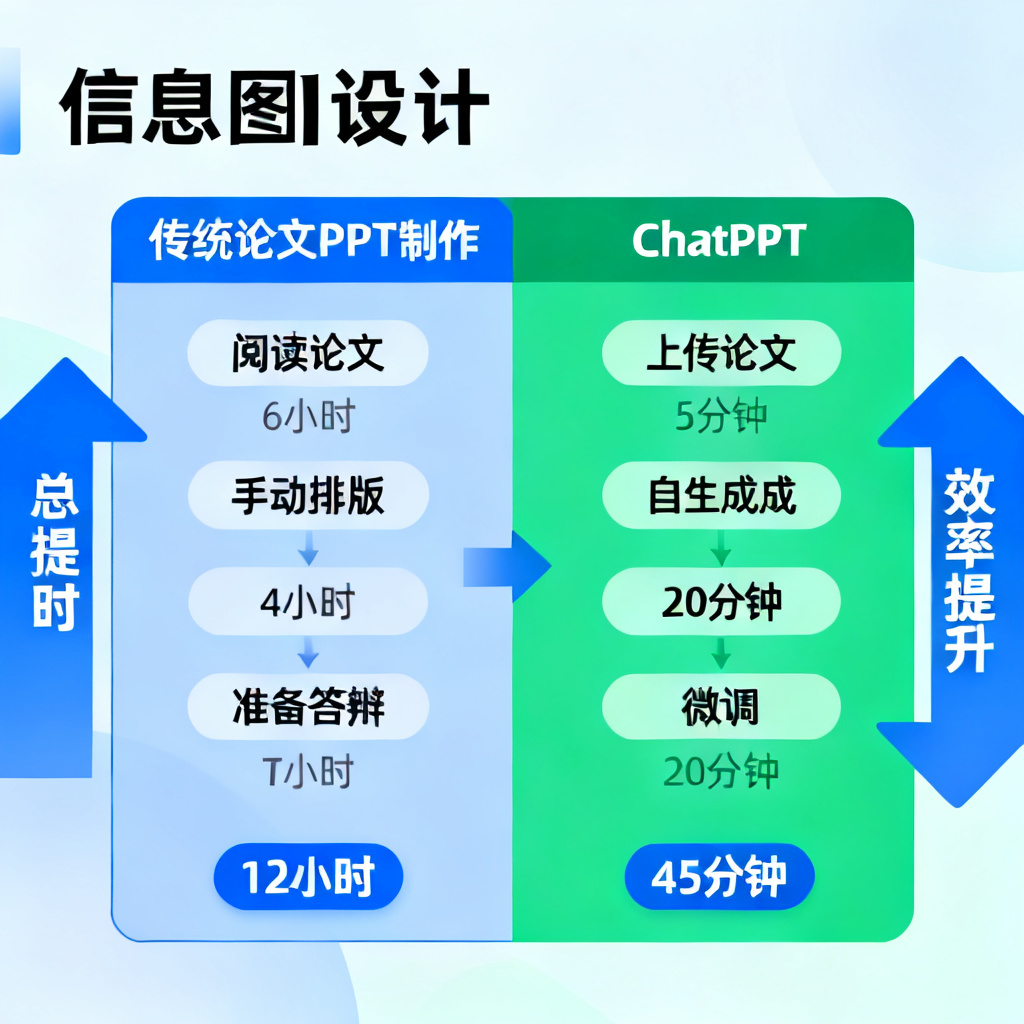 一张对比图，左侧显示传统论文PPT制作流程：阅读论文（6小时）+手动排版（4小时）+准备答辩（2小时）=12小时；右侧显示ChatPPT流程：上传论文（5分钟）+自动生成（20分钟）+微调（20分钟）=45分钟，箭头指向效率提升