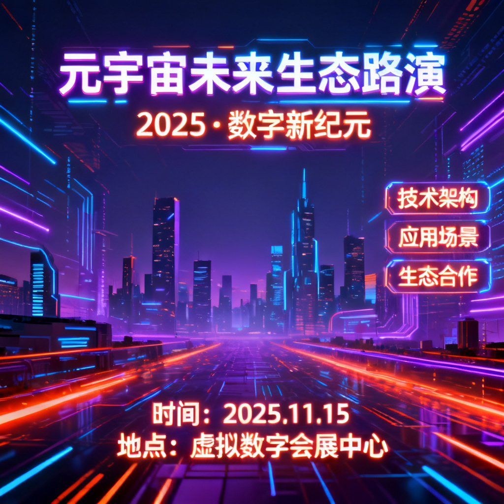 赛博朋克风格元宇宙路演PPT,霓虹灯光与数据流交织,背景为未来城市天际线,文字采用发光字体,整体色调为蓝紫与橙红对比