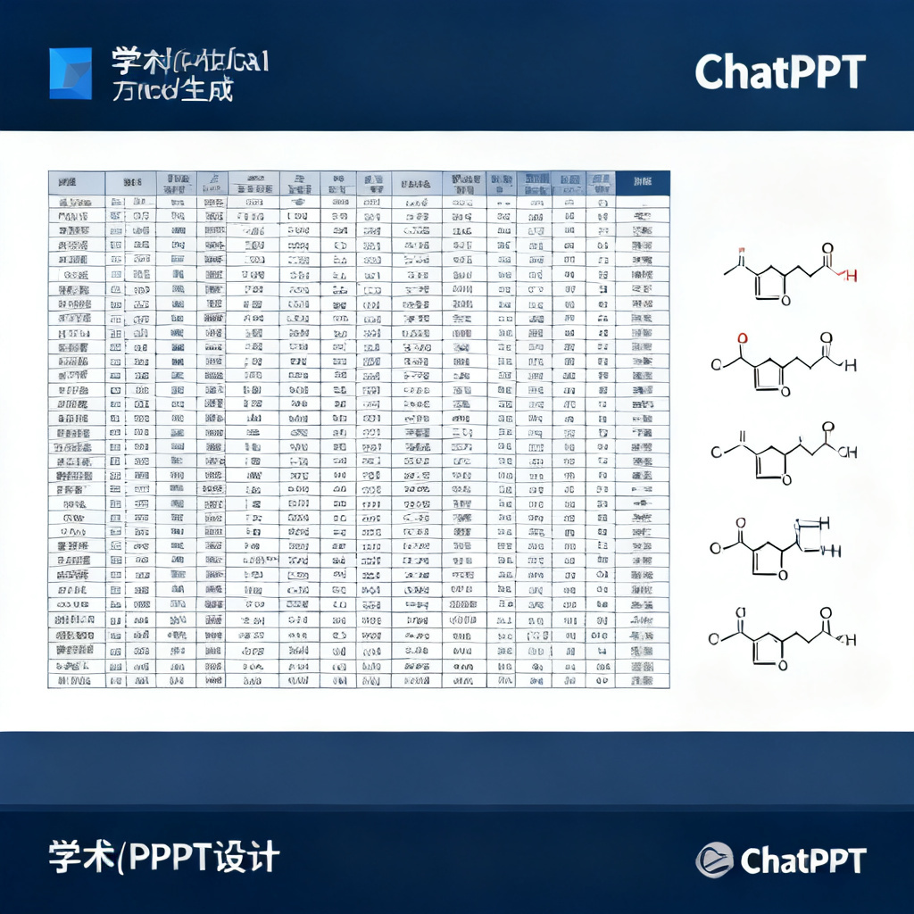 ChatPPT生成的学术PPT页面,包含复杂的数据对比表格和分子式,排版清晰严谨