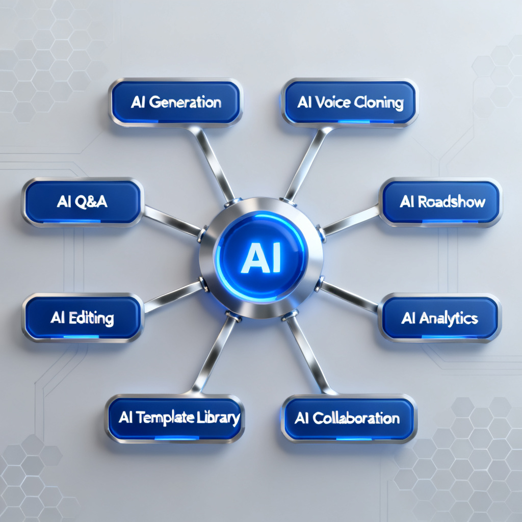 A comprehensive infographic showing 8 interconnected modules of an AI presentation tool, with labels like "AI Generation", "AI Voice Cloning", "AI Q&A", and "AI Roadshow", in a modern tech style.