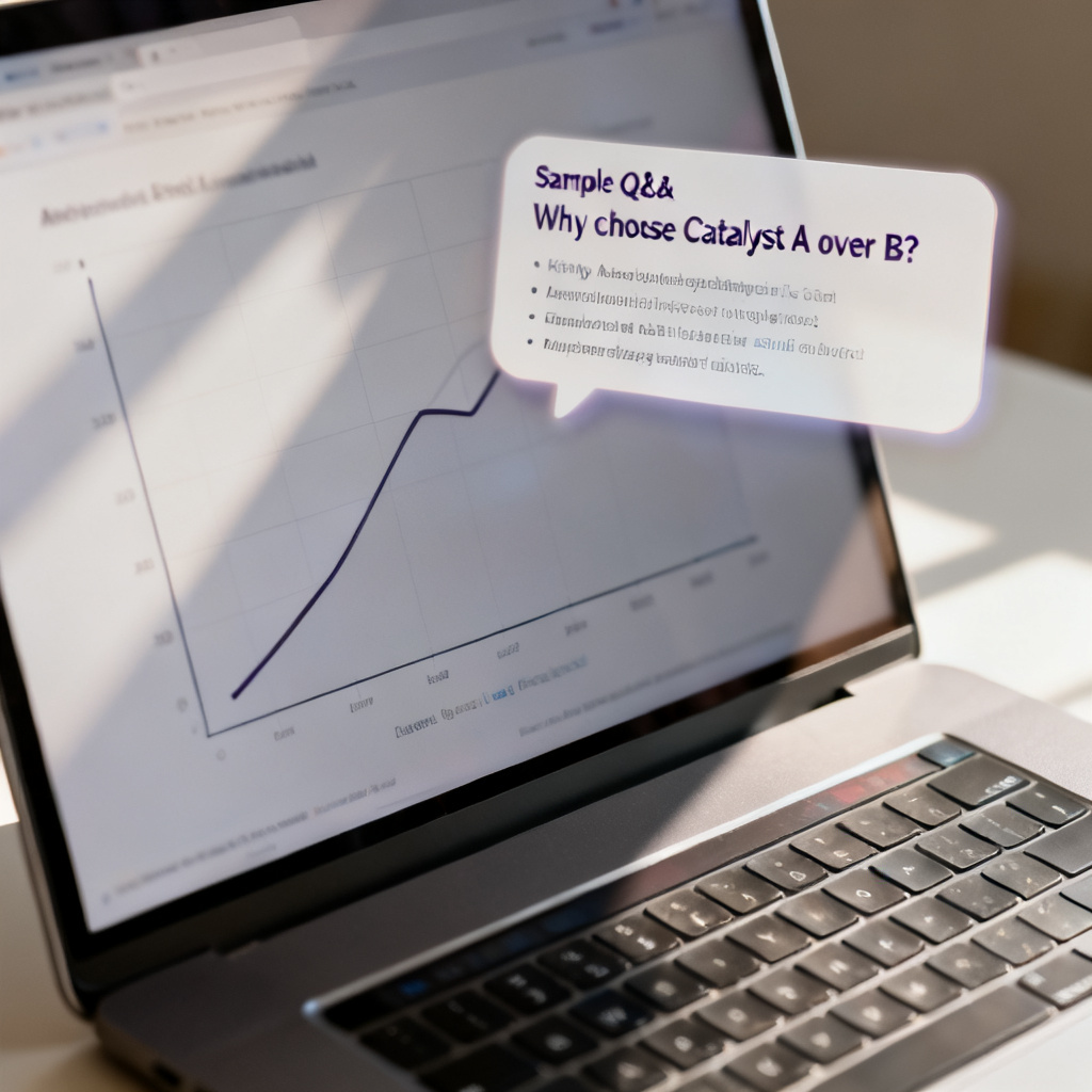 A close-up of a laptop screen showing a presentation slide with a chart, and a floating text bubble containing sample Q&A like "Why choose Catalyst A over B?" with answer references