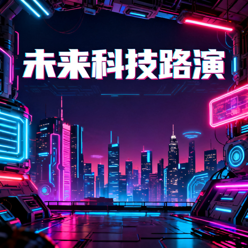 赛博朋克风格的路演PPT封面，霓虹灯与城市天际线，色彩对比强烈，细节丰富，未来科技感