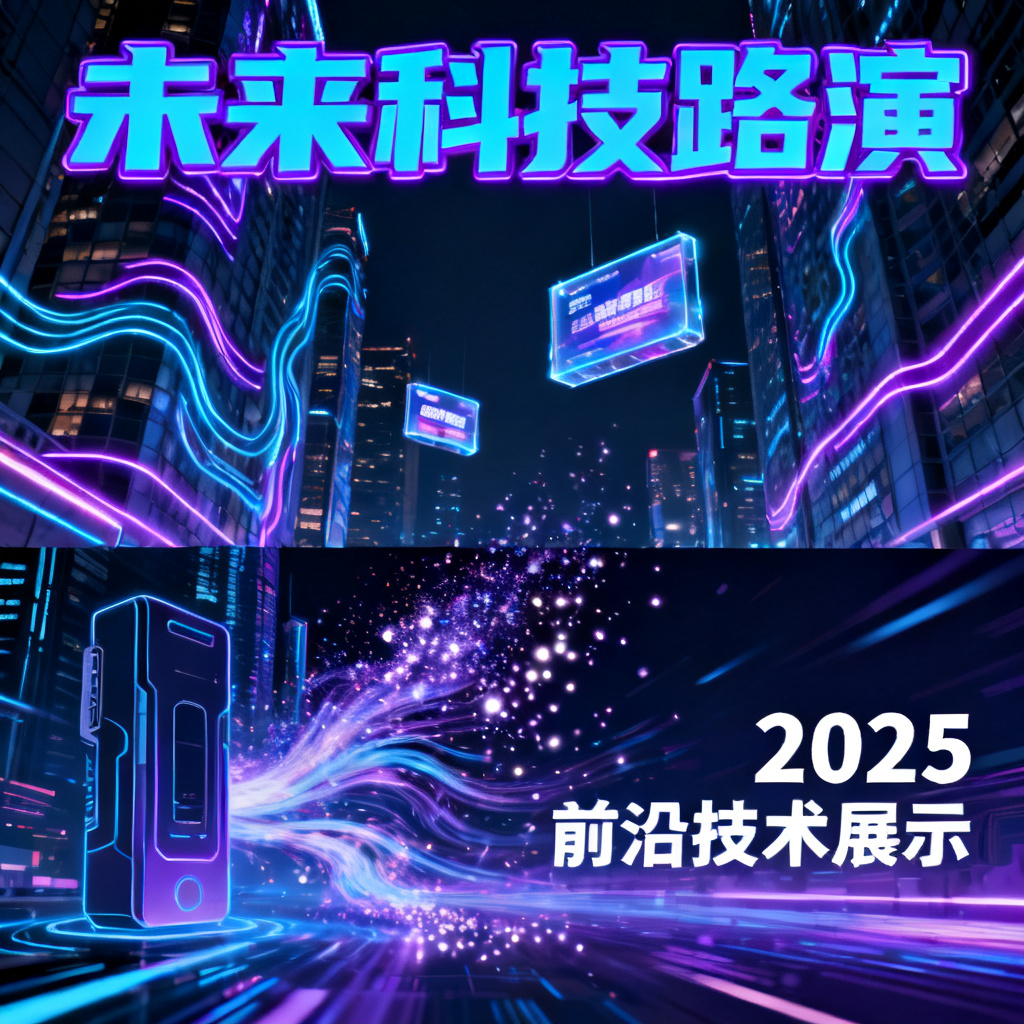 赛博朋克风格,霓虹灯光,高对比度,未来城市背景,路演幻灯片设计,动态元素