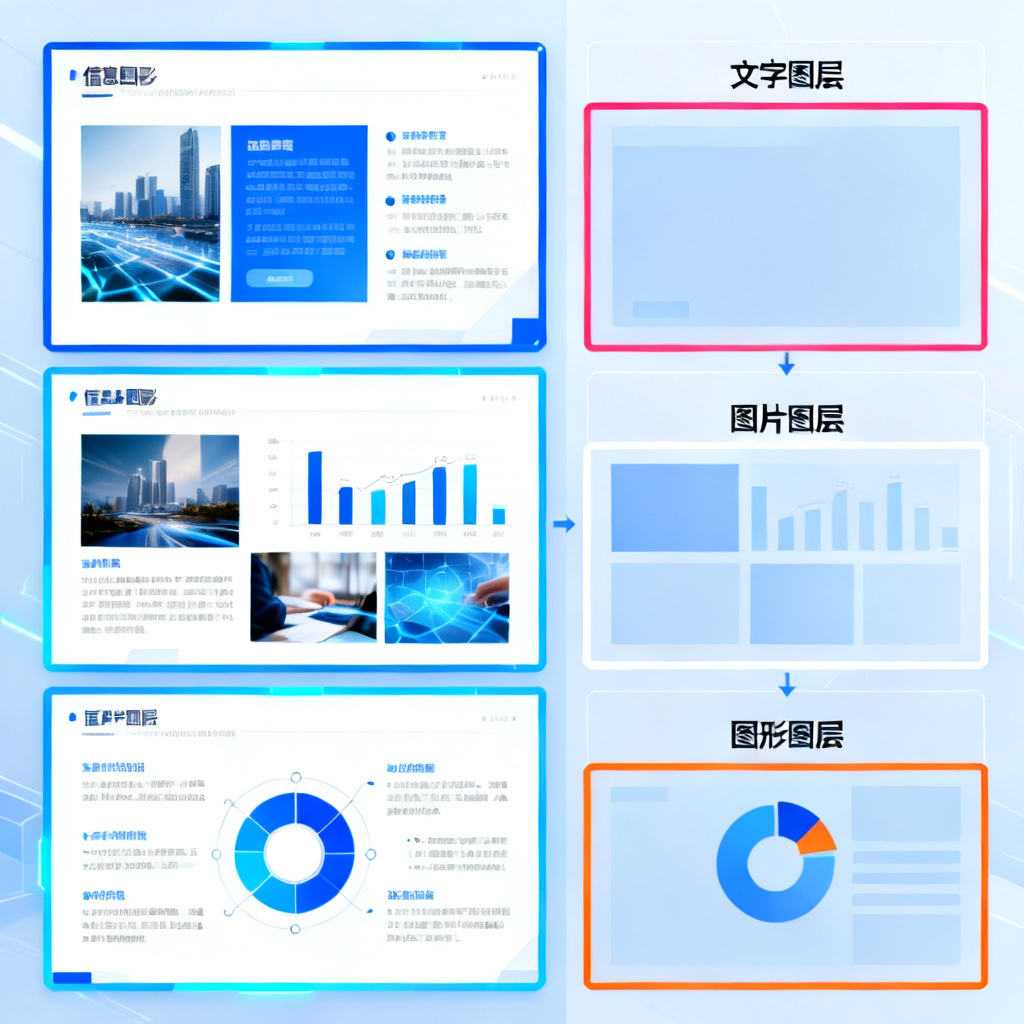 展示图层分离技术的示意图,左侧为完整PPT页面,右侧为分解后的文字、图片、图形独立图层