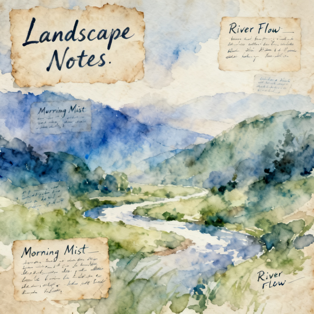 A slide in the style of a watercolor painting, featuring a landscape with soft washes of blue and green, with text boxes rendered as handwritten notes on aged paper.