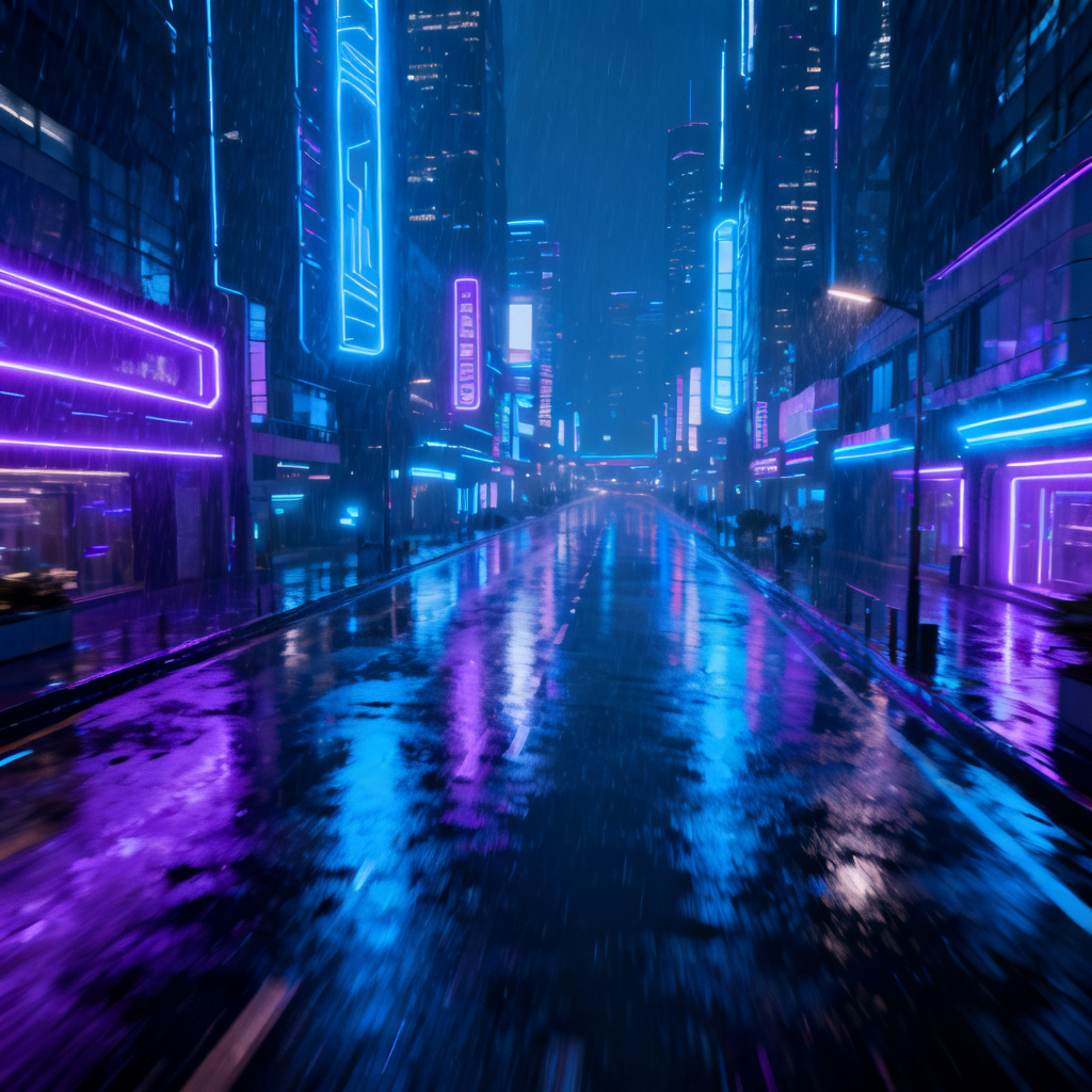 赛博朋克风格，霓虹灯，雨夜，未来城市，高对比度，蓝色和紫色调