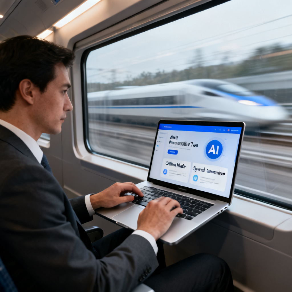 A professional business traveler using a laptop on a high-speed train, with the interface of an AI presentation tool visible, showing offline capabilities and speech generation features