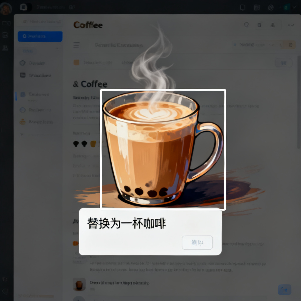 Magic涂画局部重绘演示:框选页面中的一杯奶茶,输入“替换为一杯咖啡”,AI 自动生成新元素,并完美融合原有光影与风格