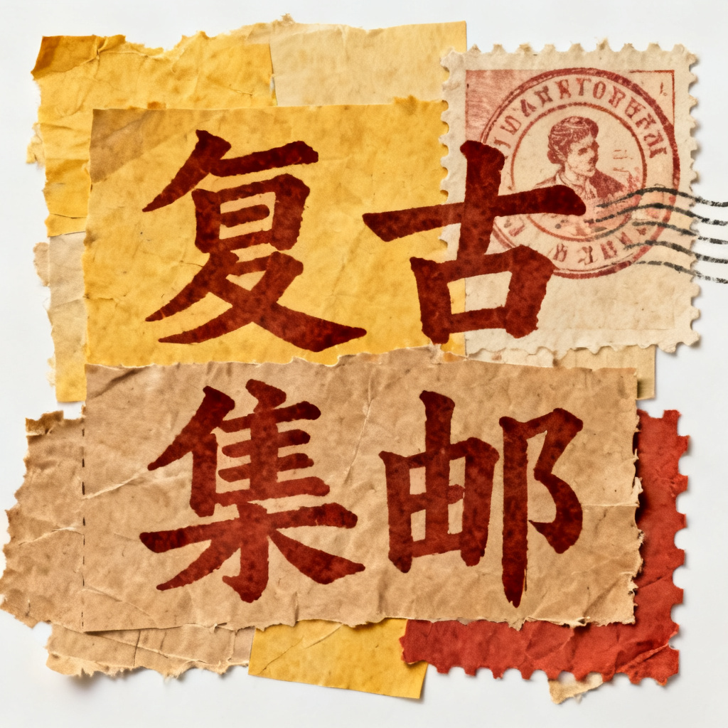 牛皮纸贴画风格，手工质感，拼贴元素，复古邮票，手写字体，暖色调纹理
