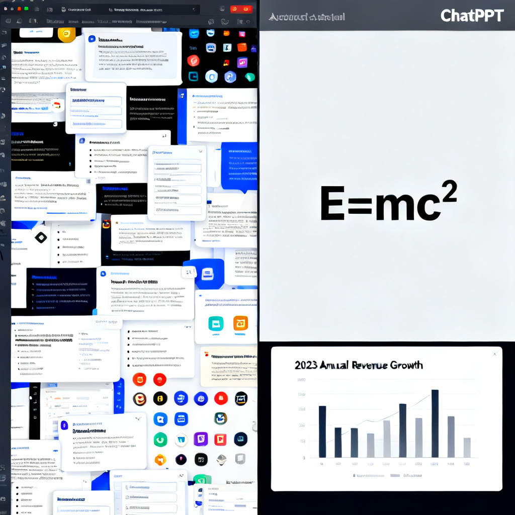 Split screen comparison: left side shows a cluttered, business-style slide from a generic tool; right side shows a clean, academic slide from ChatPPT with a formula and data chart.