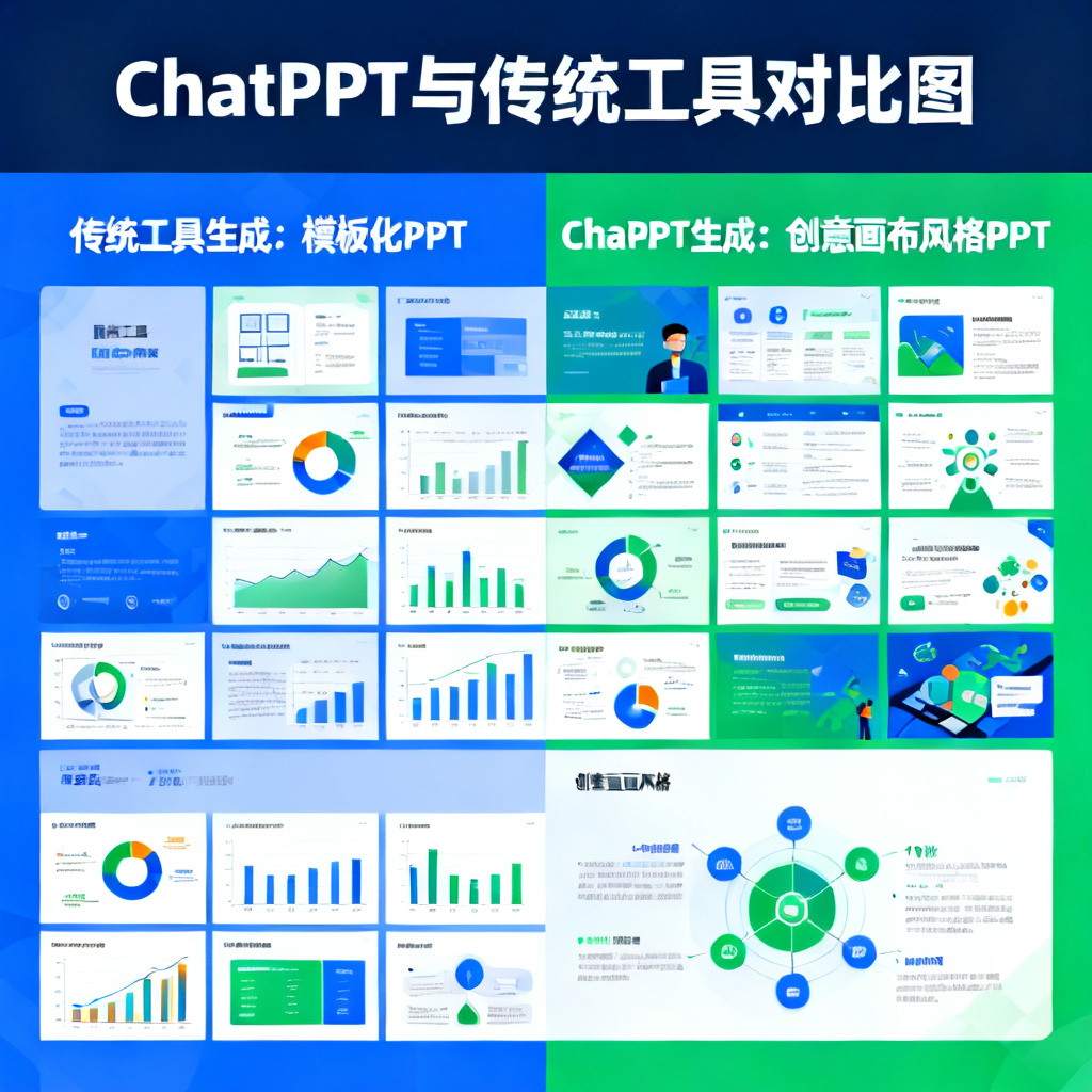 ChatPPT与其他工具对比图,左侧为传统工具生成的模板化PPT,右侧为ChatPPT生成的创意画布风格PPT